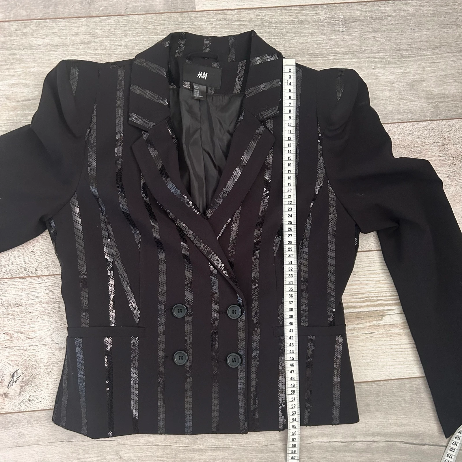 H&M Blazer Negro con Mangas Abullonadas y Lentejuelas, Rayas Delgadas – Talla 42 que Queda como S / M – photo 9